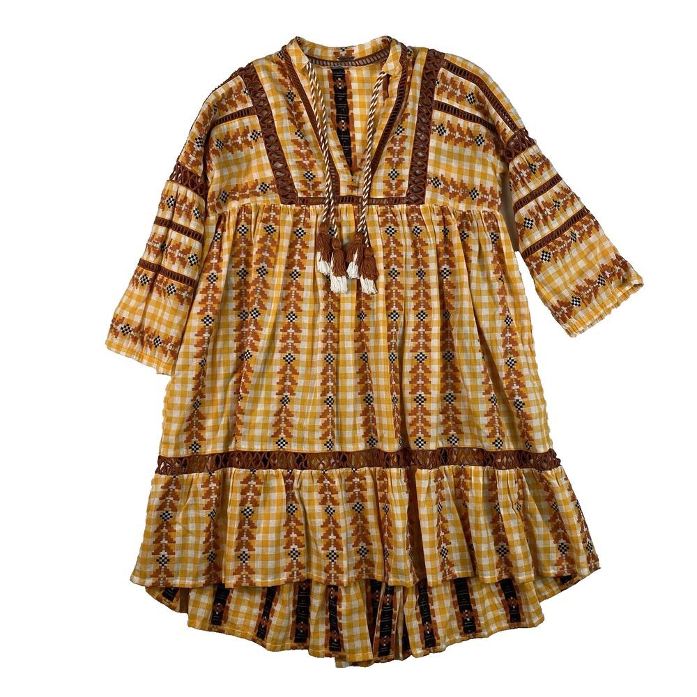 Dodo Bar Or Elena Combo Dress Embroidered Yellow Gingham‎ Check Cotton Size 8-10